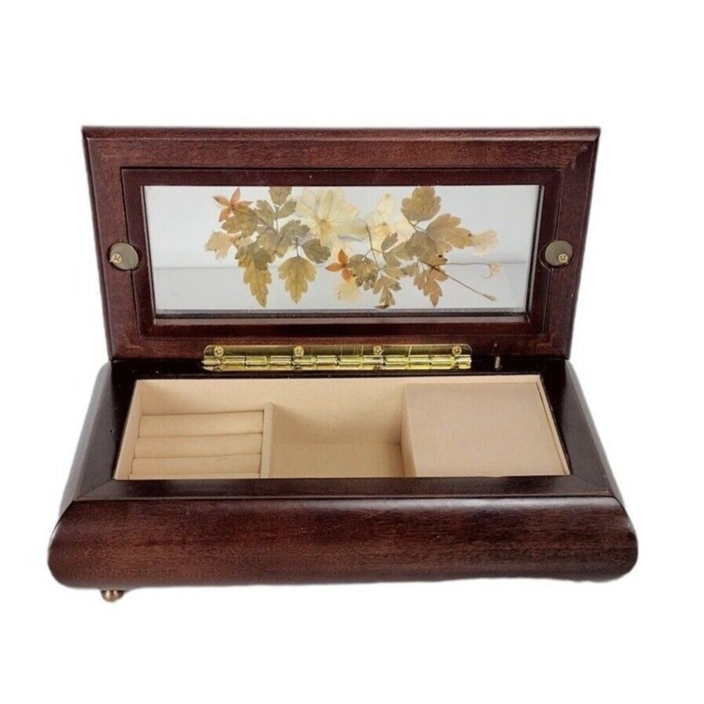 Vintage Wood Botanical Pressed Flower Glass Footed Musical Trinket Jewelry Box